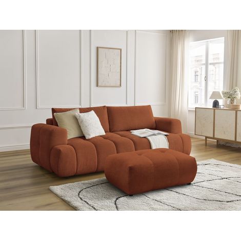 BOBOCHIC - Canapé droit convertible 3 places FUJI tissu lisse avec pouf Orange (1/5)