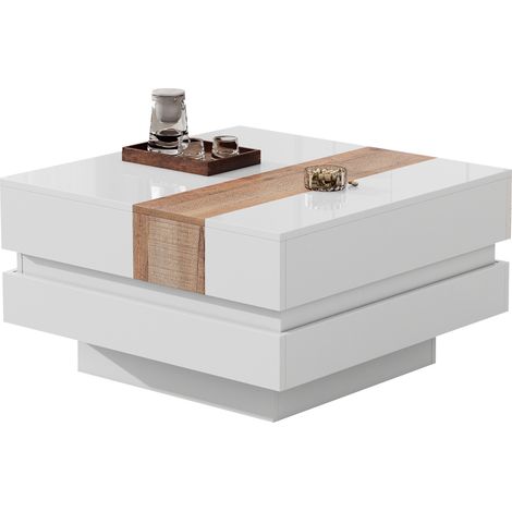 ELVMI Quadratischer Couchtisch mit ausziehbarer Schiebplatte, 2 versteckten Fächern, Hochglanz für Wohnzimmer, 70 × 70 × 39 cm (1/5)