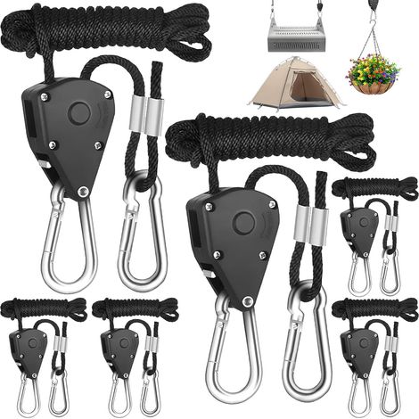 6 Pièces Corde Cliquet avec Crochets, 1/8 Pouces Cordes Réglable, Tendeur Toile Ombrage, Poulie Métal, Tendeurs Sangle pour Lampe Suspension, Lampes Growth Plantes (Capacité Charge 68kg par Paire) (1/5)