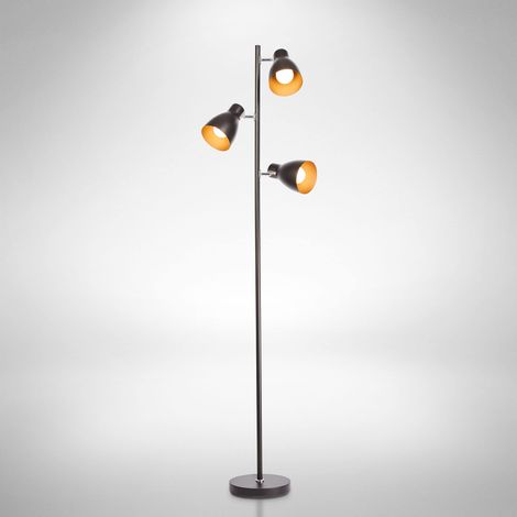 lampadaire LED vintage, lampe à pied design rétro, 3 spots orientables, ampoules E27 LED ou halogène, hauteur 166,5 cm, métal noir doré (1/5)