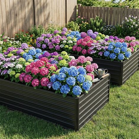 Lot de 2 bacs à plantes surélevés métal 219x112x64cm sans fond résistant rouille et intempéries couleur noire kit assemblage pour jardin terrasse légumes fleurs
