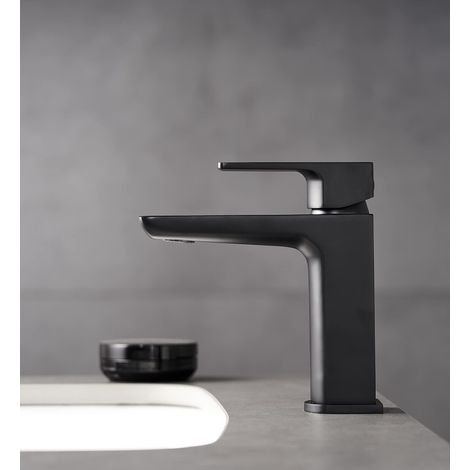 Mini robinet mitigeur monocommande pour lavabo avec bonde à ressort clic-clac Robinet chaud et froid en laiton massif moderne noir mat facile à installer (1/3)