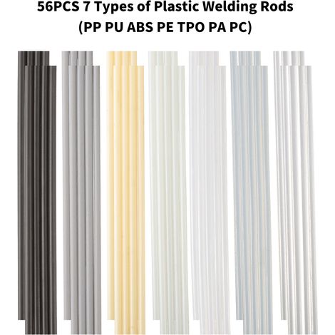 56 pièces 7 Types de baguettes de soudage en plastique (PP PU ABS PE TPO PA PC), Kit en plastique pour pare-chocs de voiture, Kayaks, pistolet à souder en plastique (1/5)