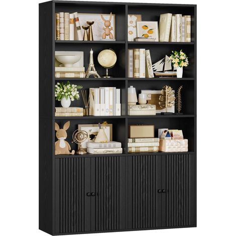Bibliotheque, 180 cm Étagère Haute avec 4 Portes sur 6 Niveaux Bibliothèque, Meuble de Rangement Bois Réglable Bibliotheques pour Salon Bureau Chambre Cuisne 108×30×180cm, Noir (1/5)