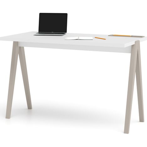 Bureau, modèle 635, collection COLMAR, en mélamine blanc avec pieds et plateau en couleur taupe. (1/4)