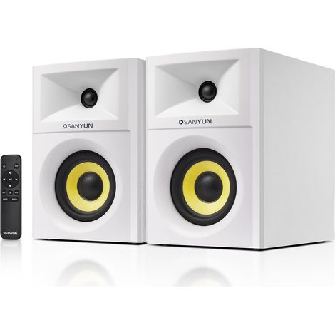 Enceintes Bibliothèque 2.0 4”, Scène Sonore Élargie, Dual-DSP  DAC 24 bits Intégré, Bluetooth 5.4/Optique/AUX, Woofer Fibre de Verre 80W 10cm, Tweeter Soie, Télécommande RF (Paire, Blanc) (1/5)