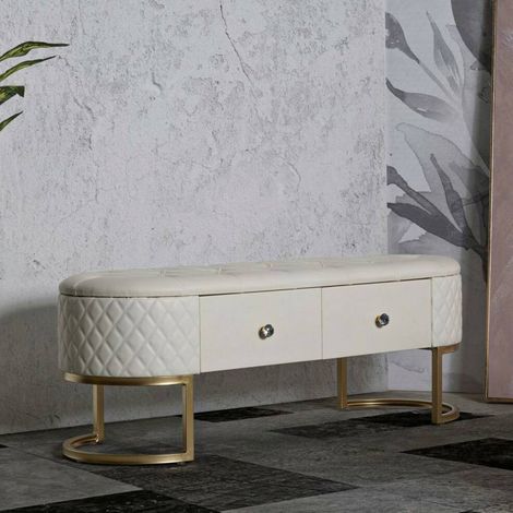 Dmora - Panca Golfo, Panchina multiuso, Seduta per ospiti, Cassapanca multifunzione, 120x40 h43 cm, Bianco e Oro (1/5)