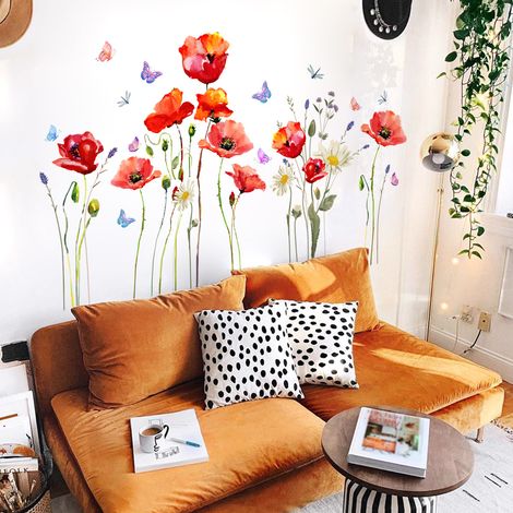 Pegatinas de pared de amapolas rojas – Decoración de pared con plantas y mariposas – Extraíbles, impermeables y fáciles de aplicar – Aptas para dormitorios, salas de estar y cocinas. (1/5)