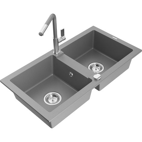 Mexen Mario fregadero de granito de 2 senos con grifo de cocina Flora, gris - 6504-71-670401-06 (1/5)