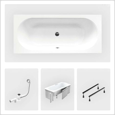 Rechteckige Badewanne - 150 x 75 cm - mit Polystyrol-Verkleidung - Füße - Chromablauf - VITAE