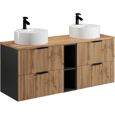 Mobile per bagno sospeso scanalature nicchie lavabo doppio da appoggio tondo L140cm Naturale chiaro - MADELA (1/5)