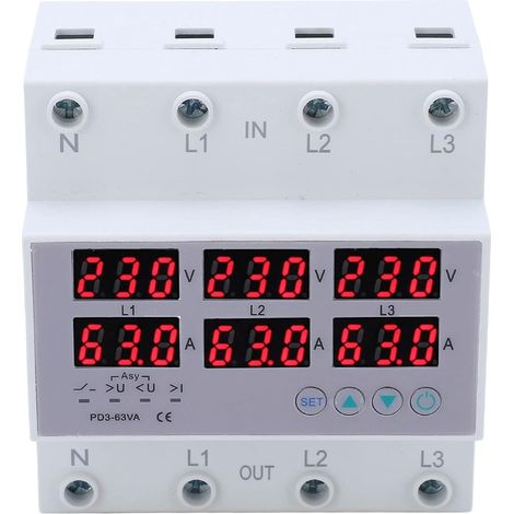 Dreiphasiges Din-Schienen-Voltmeter, AC 390–500 V, Dreiphasiges Din-Schienen-Voltmeter-Amperemeter, automatischer Überspannungs- und Überstromschutz, Multitester (63 A) (1/4)