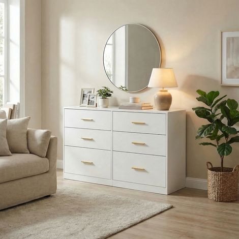 Buffet à Tiroirs, Meuble de Rangement Moderne, Commode pour Chambre ou Salon, 6 Tiroirs, 40 x 119 x 78 cm, Blanc