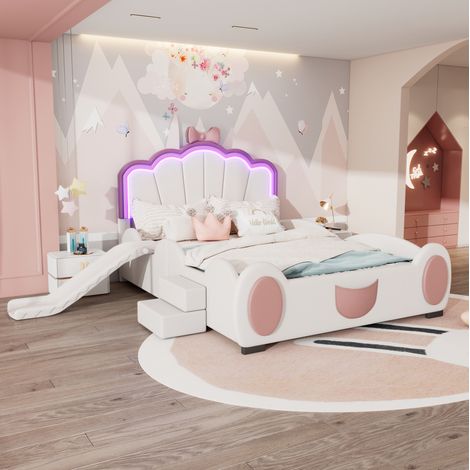 Cama infantil PU rosa y blanco 140x200 cm con tobogán, escalera y luz LED de color cambiante (1/5)