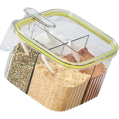 Transparente Gewürzbox mit 4 Fächern, mit Deckel und Löffel, in Grün. (1/5)