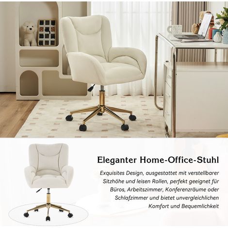 Fauteuil de bureau pivotant en velours ivoire, hauteur réglable, piètement doré, confortable pour espace de travail, chaise design élégante. (1/5)