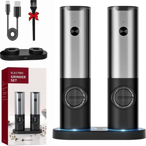 Moulin à poivre électrique à induction entièrement automatique, flacon à épices argenté, chargement USB avec socle (1/5)
