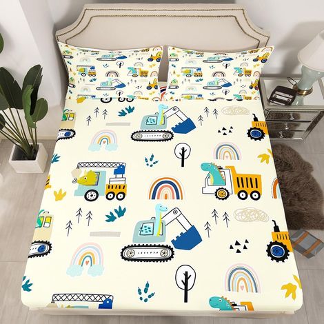 Parure de Lit Enfant Camion de Dessin Animé Beige Drap Housse 90x190cm + 1 Taie d'oreiller 51x75cm, Drap de Lit Arc-en-Ciel et Dinosaure Mignon pour Filles Garçons, Microfibre (1/4)