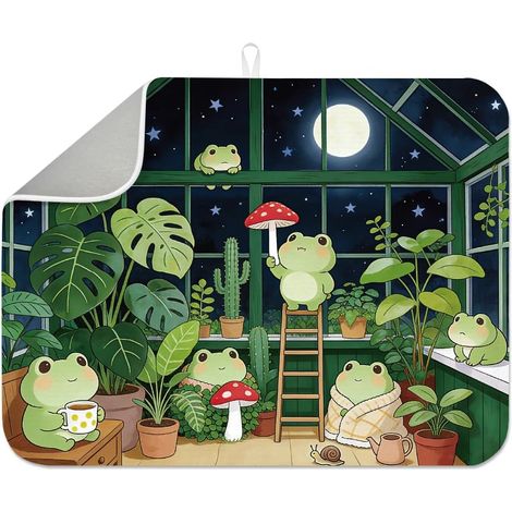 Tapis de séchage en forme de grenouille de dessin animé, 45 x 60 cm, motif grenouilles au clair de lune, tapis absorbant, pour table de comptoir, évier, café, bar (1/5)