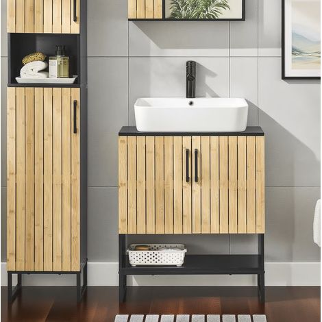 Meuble sous Lavabo Salle de Bain 60 cm, MEEJEE Meuble de Rangement en Bambou et Métal, Meuble sous Vasque Compact pour WC ou Petite Salle de Bain (1/5)