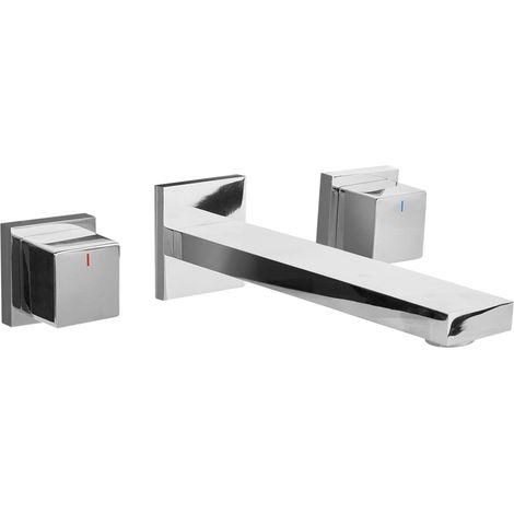 Robinet Mitigeur pour Lavabo Mural en Laiton Double 3 Trous Commande Argenté Pailon