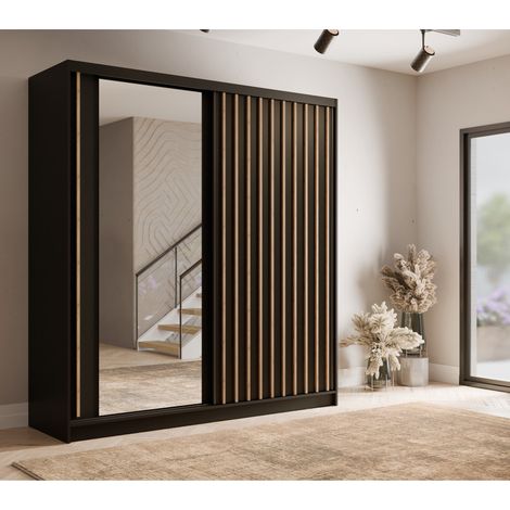 Armoire dressing coulissant noir et bois 205cm CELIA (1/5)