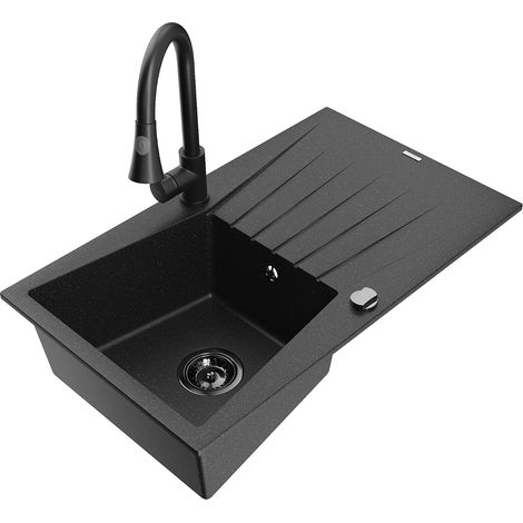 Mexen Cesar fregadero de granito de 1 cubeta con escurridor y grifo de cocina Elia, negro/plata met谩lica - 6514-73-670101-70-B (1/5)
