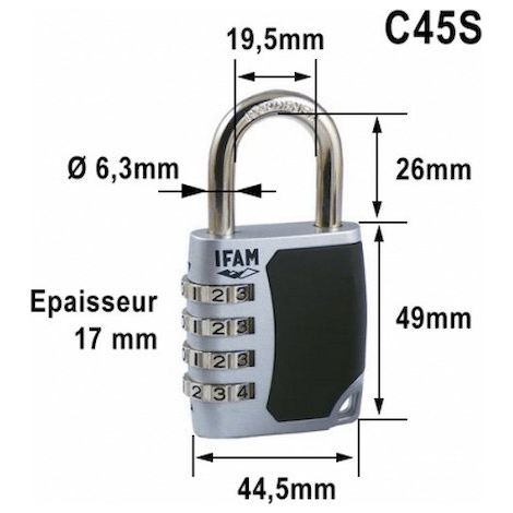 Cadenas a Combinaison 4 Chiffres IFAM C45S 45mm - Corps Zamac Anse Acier - Sans Cle - Casier Valise Malle