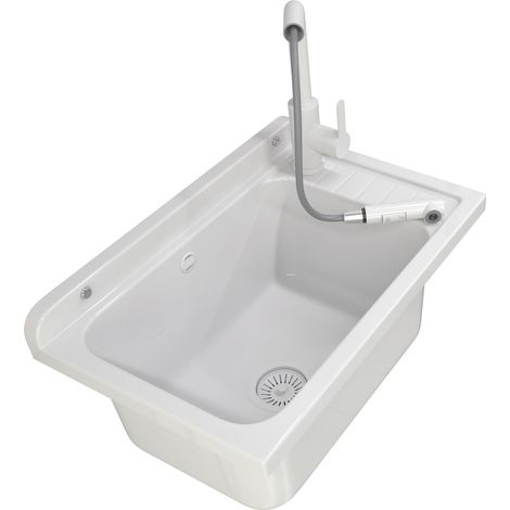 Évier utilitaire avec bac blanc en polypropylène + robinetterie avec bec extractible et fonction douchette – idéal pour garage, buanderie, atelier (1/5)
