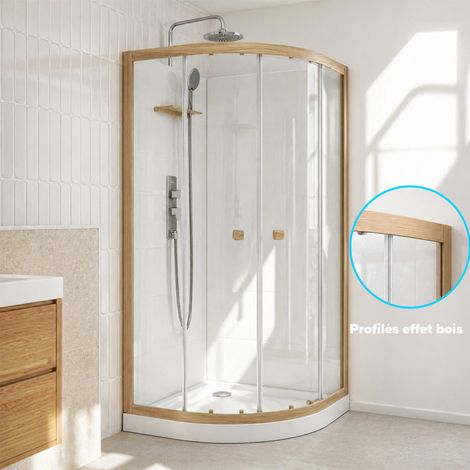 Aurlane – Cabine de douche 1/4 de cercle 90x90x200/230cm – Aluminium effet bois – Verre trempé extra blanc – Receveur bas 7.5cm – Installation réversible