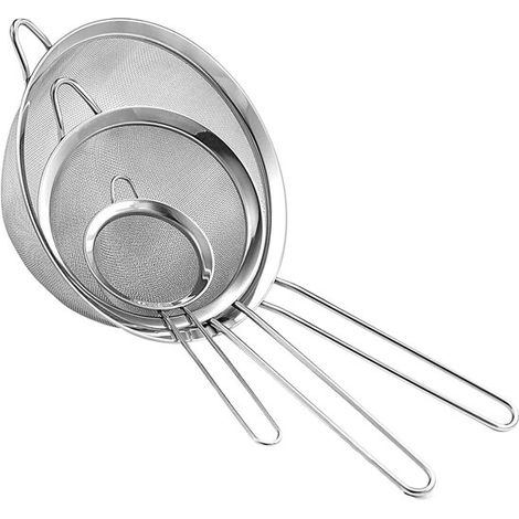 Juego de coladores de cocina - Preparación de alimentos - Malla de acero inoxidable - Tres tamaños - Plateado (1/5)