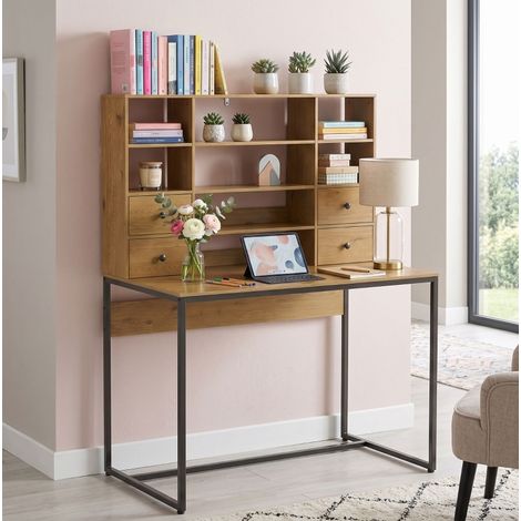 Scrivania computer 105x60 cm con 4 cassetti e ripiani, vano regolabile, struttura in legno naturale, per ufficio domestico (1/5)
