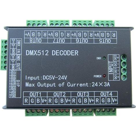 Contrôleur LED DMX512 haute puissance 24 canaux RVB 3A/CH DMX512 Contrôleur LED Variateur 500 Hz Sans scintillement Smoother Dimming DMX Signal Indicateur Flash Fonction DC 5 V-24 V (1/5)