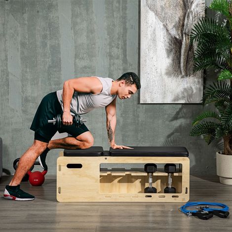 Banc d’exercice réglable en bois massif avec rangement et bandes résistance,idéal musculation et entraînement de force