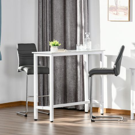 Table de bar table haute de cuisine mange-debout 120 x 40 x 100 cm châssis piètement acier. plateau aspect marbre blanc