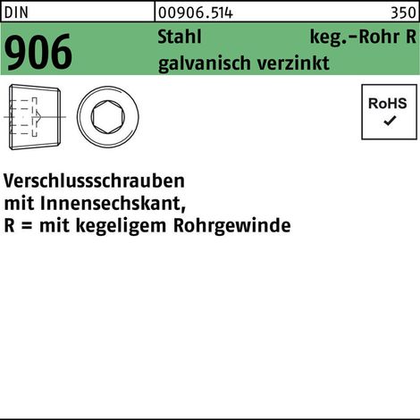 DIN 906 Verschlussschraube Kegeliges Rohrgewinde VG 3/4" Stahl galvanisch verzinkt Innensechskant 25 Stk (1/2)