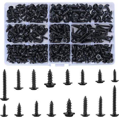 340 Pièces Vis Autotaraudeuses, Vis Autoforeuse Acier Carbone, Vis à Bois Noir, Kit Vis Tête Ronde, Vis Cruciforme Tête Plate pour Métal en Bois Souple - 8 Spécifications, Avec un Bote Plastique (1/4)