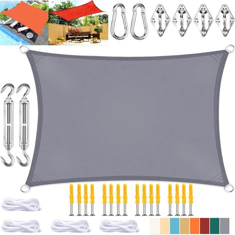 Voile d'ombrage rectangulaire, toile imperméable avec protection UV et kit de fixation, pour terrasse et jardin extérieur, grise, 3 x 3 m (1/5)