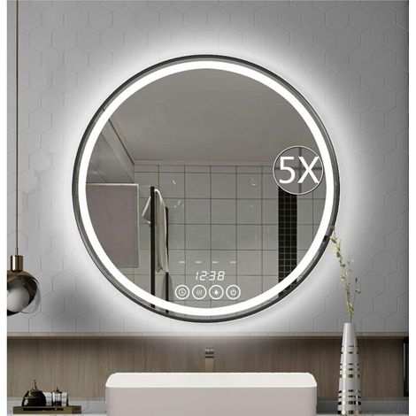 Miroir de salle de bain rond mural de 60 cm avec éclairage LED – Miroirs de courtoisie à cadre (60 x 60 cm, noir)-PR (1/4)