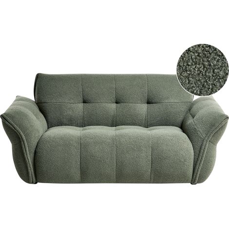 Sofá 2 plazas minimalista con respaldo y parte delantera de bouclé patas de madera negras con tapones sala de estar acogedora verde Halba