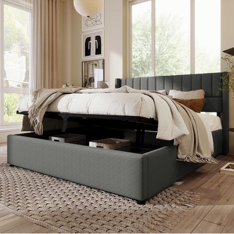Lit coffre rembourré moderne 140x200 cm, tissu aspect lin gris, tête de lit matelassée, sommier relevable (1/5)