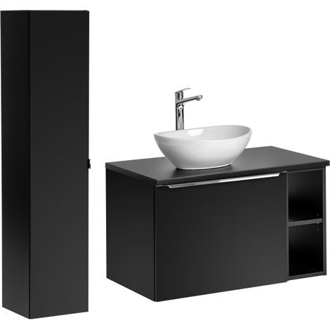 Ensemble meuble vasque à poser + colonne + 1 éléments - 80 cm - Rosario Black - Livraison gratuite