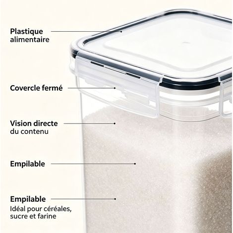 Bocal de conservation en plastique transparent PP 2L, hauteur totale 20 cm, boîte alimentaire hermétique, pour aliments secs, céréales, fruits secs - Transparent (1/5)