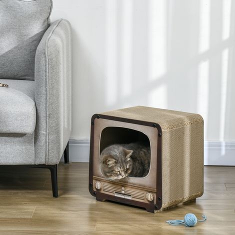 Griffoir Chat 2 en 1 Forme Téléviseur, Maison, Tapis Carton Ondulé, 39x29x37 cm, Marron (1/5)