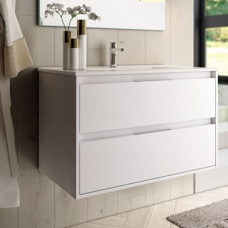 Meuble sous vasque seul, 2 tiroirs, 100cm, pour simple vasque - blanc laqué - IRIS