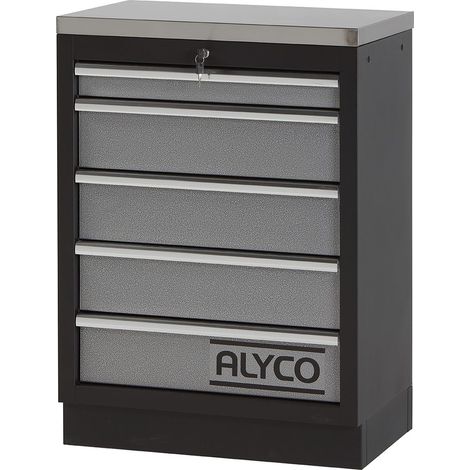 Armario base de 5 cajones con encimera de acero inoxidable y cerradura ALYCO