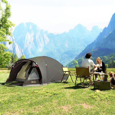 Noire - Tente tunnel camping 2 personnes, 2 chambres, étanche 3000mm, porte filet, fenêtres latérales, sac transport, 330×190×120cm