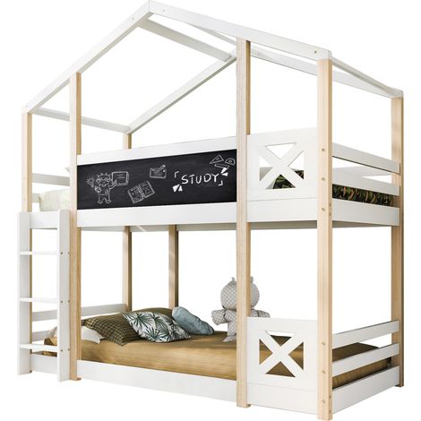 Lit mezzanine enfant en bois massif blanc 90x200 cm avec échelle, 2 sommiers à lattes, tableau intégré (1/5)