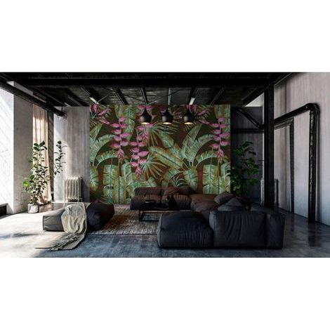 Papier peint panoramique tropical vert et rose Tapisserie panoramique plantes exotiques pour salon Papier peint panoramique jungle moderne (1/3)