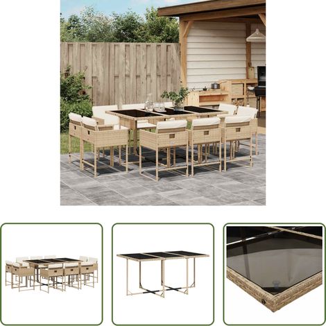 Gartentisch - 11-tlg. Garten-Essgruppe mit Kissen Beige Poly Rattan (1/5)